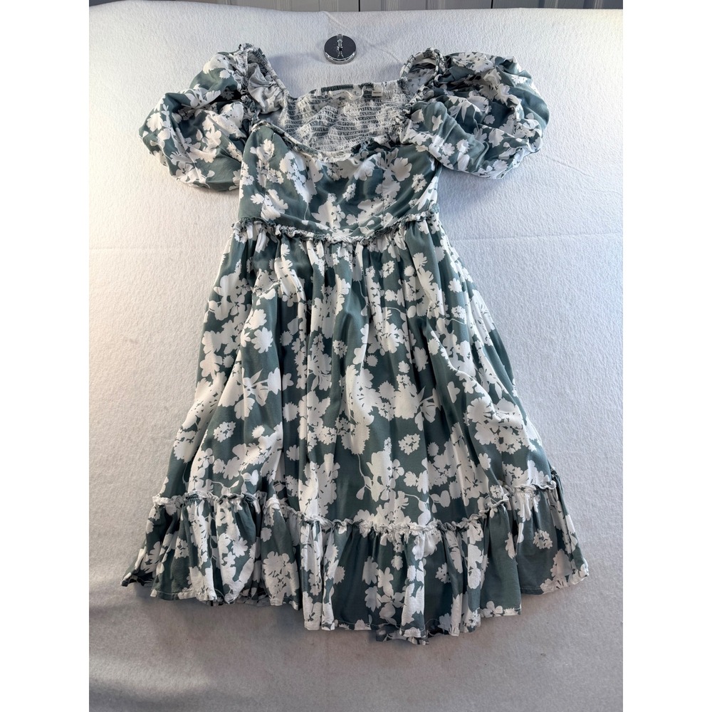 Altar'd State Sage Green White Floral Smocked Puff Sleeve Mini Dress Size L